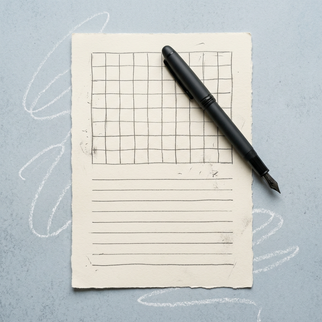 Illustration : une feuille quadrillée et un stylo-plume noir sur un fond bleu-gris