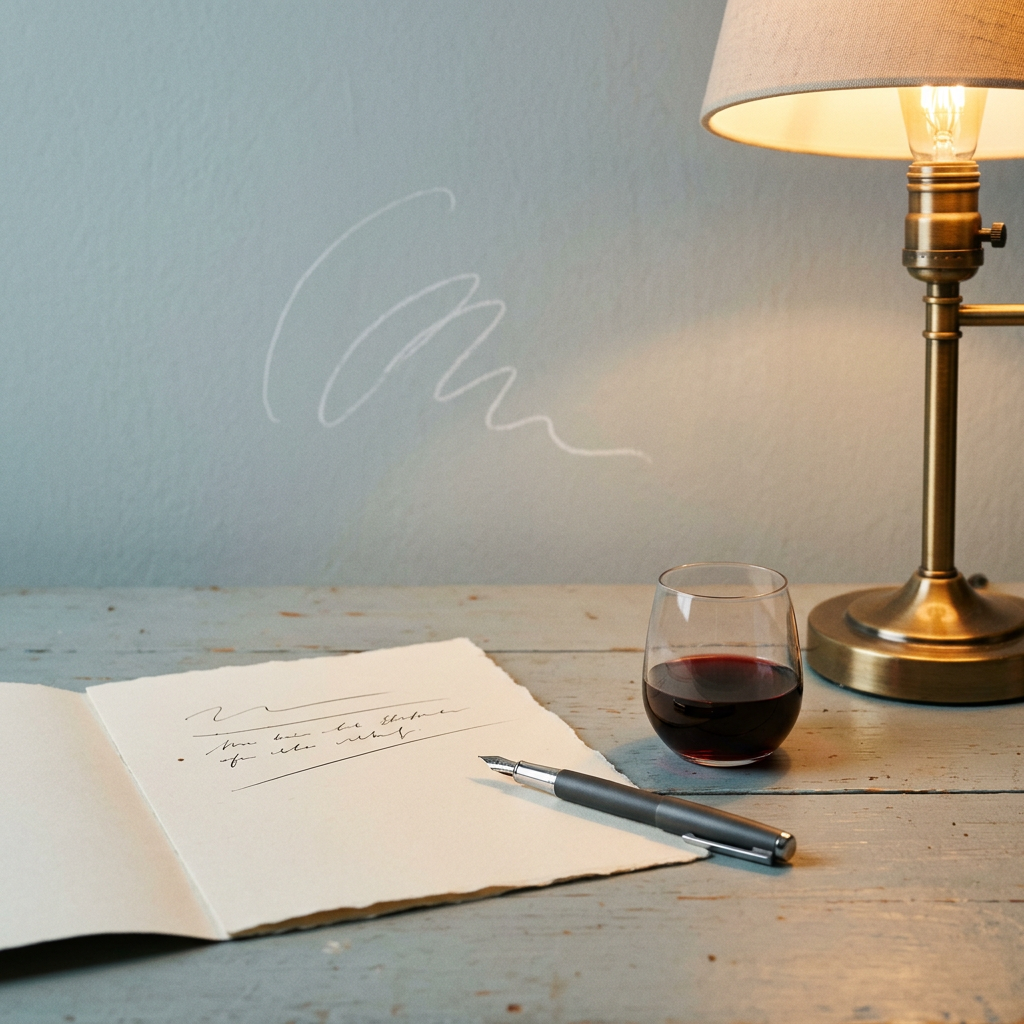 Illustration : un stylo-plume, une feuille crème et un verre de vin rouge près d’une lampe