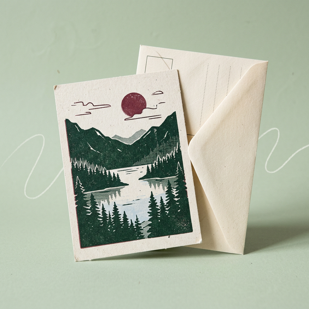 Illustration : une carte postale imprimée d’un lac de montagne, appuyée contre une enveloppe