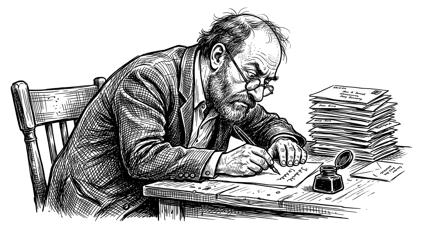 Dessin à l’encre d’un homme à lunettes qui écrit une lettre à la plume