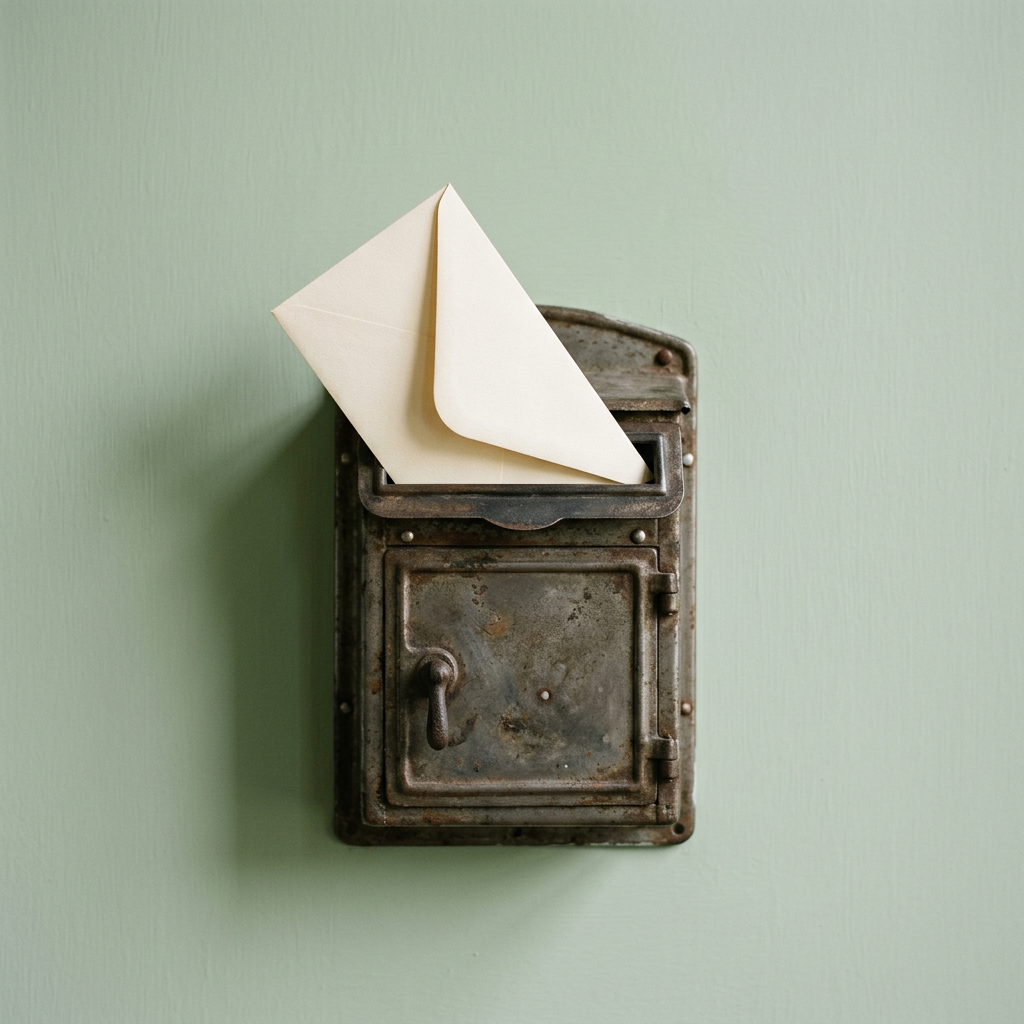 Illustration : une enveloppe crème glissée dans une vieille boîte aux lettres métallique