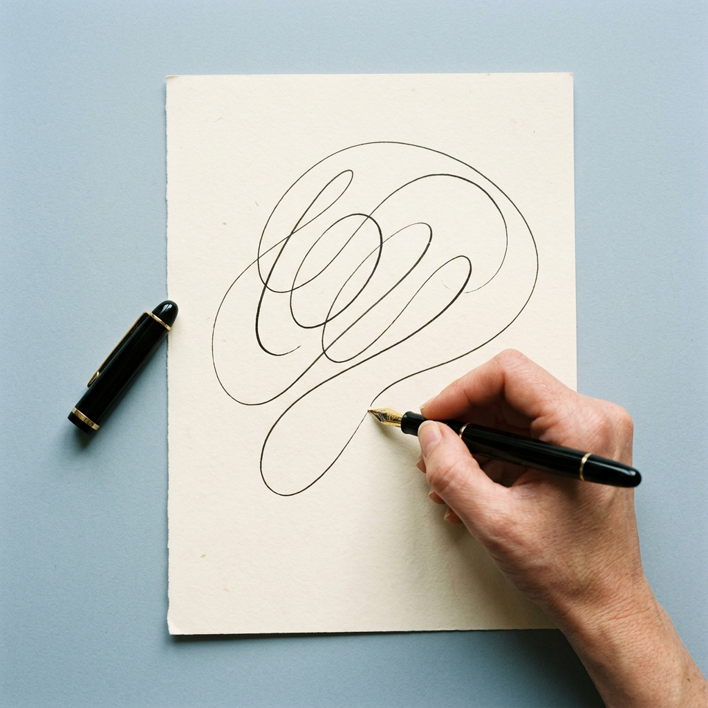 Illustration : une main trace une longue boucle d’encre au stylo-plume sur une feuille crème